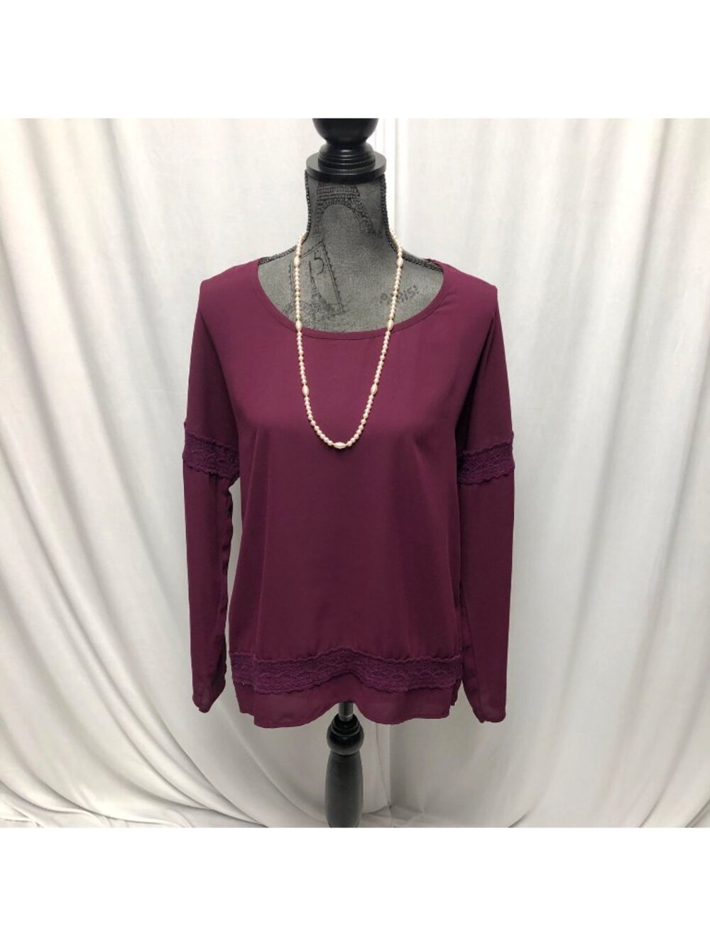 Xhilaration Top Womens Size Medium Burgundy Lace Inserts Long Sleeve Casual